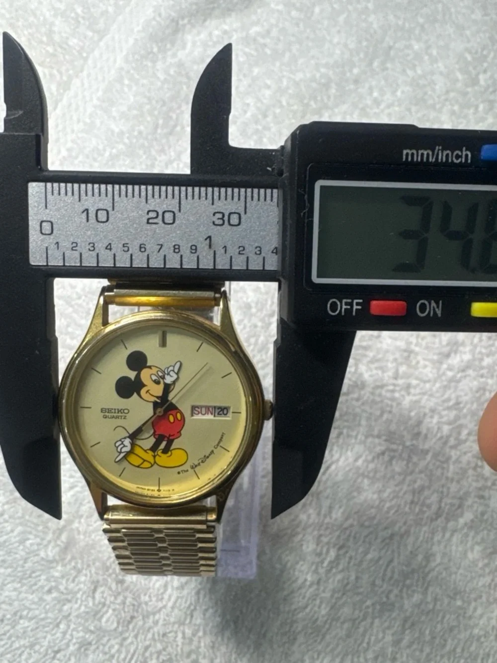 Seiko Gold Tone Mickey Mouse Dial Watch with Red and Yellow Accents